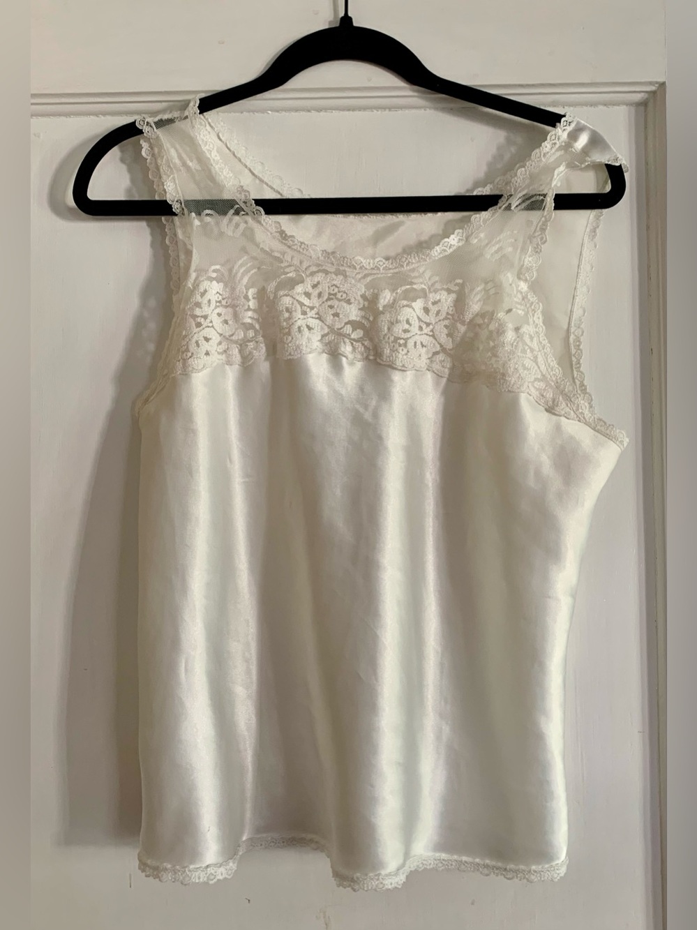Vintage Camisole Ivory Lace Trim Satin Cami Top Layer Piece Feminine
